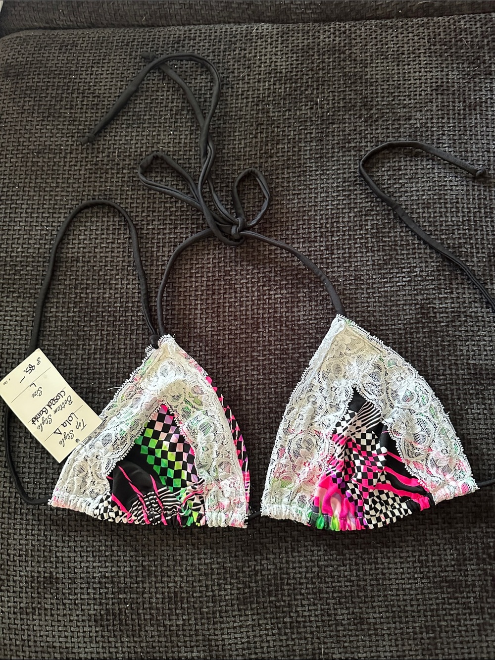 Neon Pink Green Black Checkered Lace Triangle Bikini Top